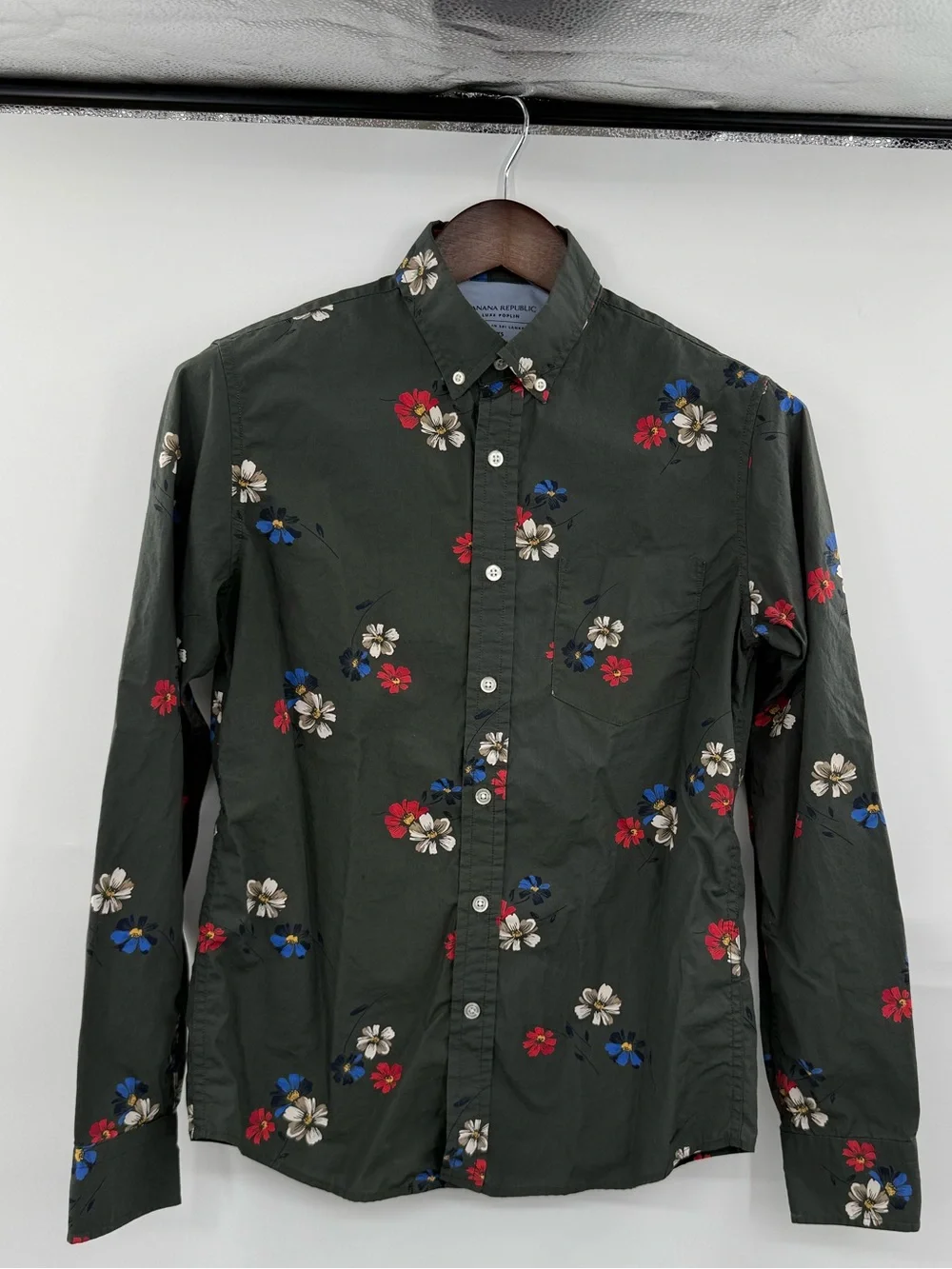 Banana Republic Luxe Poplin Mens XS Floral Shirt Untucked Slim Fit Contrast Cuff